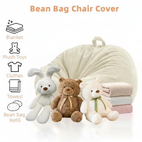 ZhenLives Stuffed Animal Storage Bean Bag Chair Cover, Cover Only (No Filler), Corduroy Toy Organizer Floor Cushion Seat, 48 in/120 cm Slipcover for Teens & Adults, White - color: Ivory White, size: Adult (Cover Only）