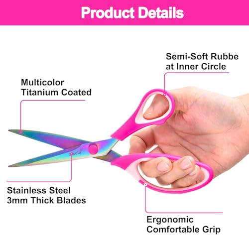 Zicolu Craft Scissors Set of 3 pack, Sharp Rainbow Titanium Coating All Purpose Scissors, Ergonomic Semi-Soft Rubber Grip, Suitable for School, Office and Household Use, Pink, 8.5''/6.5''/5.5" - color: Pink, size: 3-Pack(Assorted Sizes)