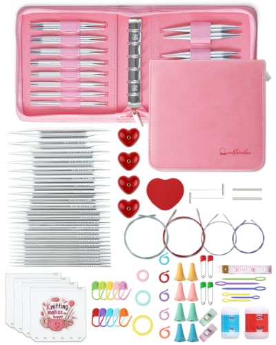 Interchangeable Circular Knitting Needles Set with Stylish PU Binder Organizer Bag 12 Pairs Aluminum Needles & 378 PCS Accessories US Size 4-17 (3.5mm-12mm) Large Needle Sizes