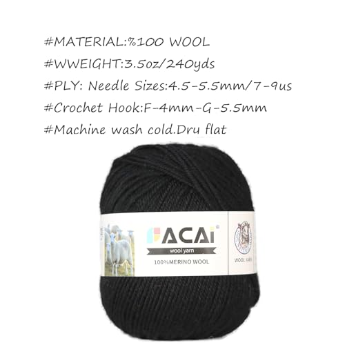 Facai Merino Wool Yarn Sock Yarn - 100% Pure Merino Wool Roving for Knitting, 1-Ball Set, 3.5oz (240 Yards), Worsted Weight (1, Black) - color: Black