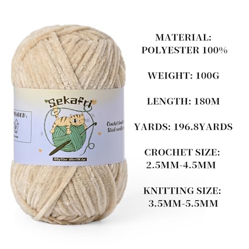 Fuzzy Chenille Yarn for Crocheting, Fluffy Amigurumi Crochet Yarn for DIY Craft/Hat/Shoes, (100g/197yds) Soft Velvet Baby Blanket Yarns（Beige） - color: Beige