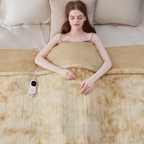 Guohaoi Heated Blanket, Soft Faux Rabbit Fur Electric Throw, 50"×60" | Electric Blanket with 10 Heating Levels 5 Sitting Timer Auto Off, Cozy Warm Heating Blankets, Machine Washable, Brown - color: Beige, size: 50''*60''