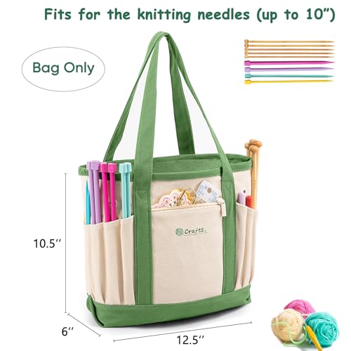Canvas Yarn Storage Organizer Bag Washable Crochet Bag with Pockets for Yarn, Hooks, Needles – Travel Knitting Tote for Crafters – Gift for Crocheters & Knitters (Medium/Large) - color: Lime, size: Medium-12.5“
