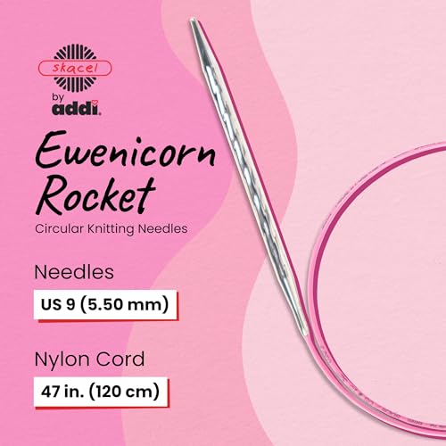 skacel by addi Ewenicorn Rocket Circular Knitting Needles, Fixed 47 Inch (120 cm) White Chrome Plated Brass Tips with Flexible Nylon Cord, 5.5 mm (US Size 9) - size: 5.50 mm