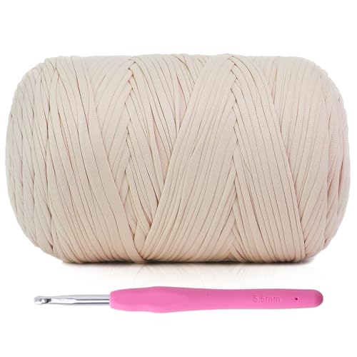 800G (228Yds) Tshirt Yarn for Crochet - T Shirt Yarn for Crocheting with Beginner Crochet Bags/Baskets/Coasters/DIY, T-Shirt Yarns with High Elastic Thick Yarns Polyester Fabric (Beige) - color: Beige