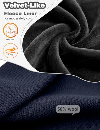 Fleece Lined Wool Beanie Hat Men Women, Warm Cuffed Winter Cap | 50% Wool Thermal Knit, Soft Velvet Fleece Liner, Long Style Full Ear Cover Warm Watch Cap, Tall Roomy Crown Skull Cap - color: Navy Blue
