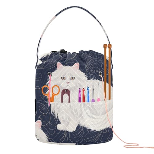 Fustylead Cute White Persian Cat on Dark Background Large Yarn Storage Tote Basket, Knitting Crochet Drawstring Organizer Bag for Crocheting Project, Yarn Balls, Needles Accessories - color: Blue12 Persian Cat
