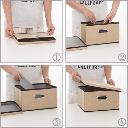 PRANDOM Storage Bins with Lids [3-Pack] Jute Fabric Foldable Storage Boxes Organizer Containers Baskets Cube with Cover for Home Bedroom Closet Office Nursery khaki（11.4X8.6X6.7 - color: Khaki, size: S(3-Pack)