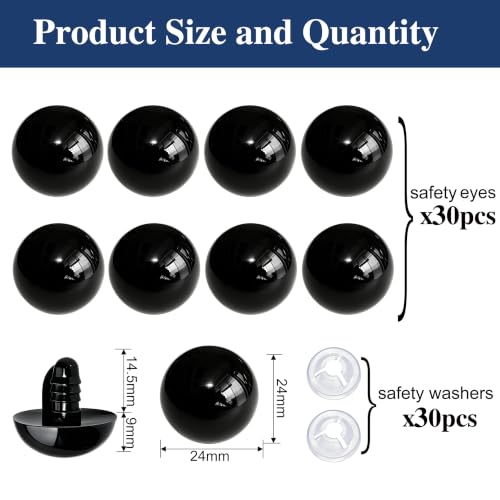 Thalinfayi 24mm Large Safety Eyes Craft Eyes for Amigurumi Crocheting | 60pcs Plastic Safety Eyes and Washers for DIY Crafts Amigurumi Stuffed Animals Handmade Projects. Tool-Free Installation - color: Black