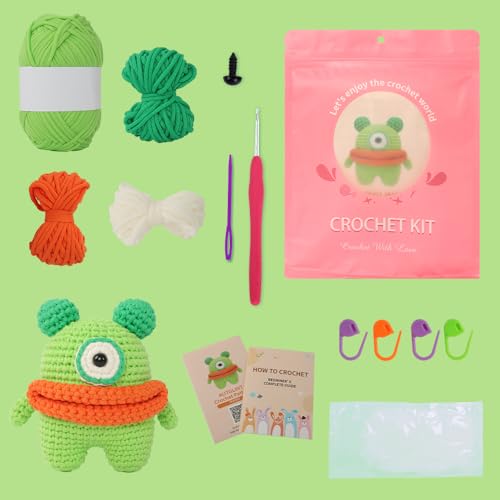 Autglint Monster Crochet Kit for Complete Beginners, Amigurumi Animal Starter Kit with Detailed Video Tutorials, Learn to Crochet Kit with Non-Split Pre-Started Yarn - Green Monster - style: Monster