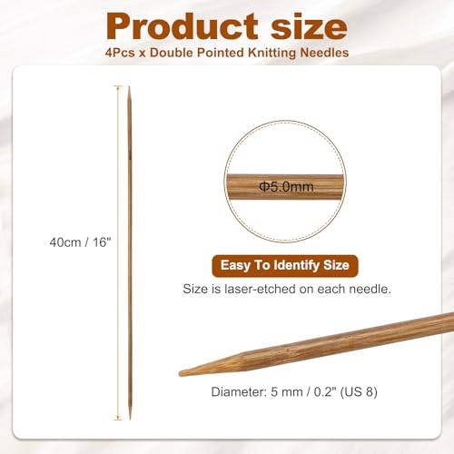 HARFINGTON 4Pcs Double Pointed Knitting Needles Size US 8 (5mm) 16" Long Carbonized Bamboo Straight Knitting Needles for Beginners Handmade Creative DIY Craft Yarn Projects - size: Size US 8 (5mm)