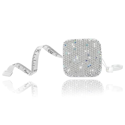 SlowVibes Bling White Diamond Retractable Body Measuring Tape, 60 Inch | Dual-sided vinyl cloth tape with rope for waist, fabric,body measurements, sewing, tailor,knitting, weight loss - color: White