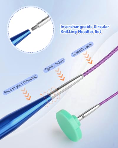 Aeelike 13 Pair Interchangeable Circular Knitting Needles 3-10 mm, Blue | Aluminum Interchangeable Knitting Needles with 4 Cables, Smooth Complete Needles Set for Socks Blankets Sweaters, Ideal Gift - color: Dark Blue