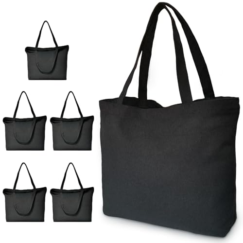 Koolmox Black Canvas Tote Bags, 6-Pack 17x14x3.9'' 12Oz Heavy Duty Cotton Bags with Handles and Bottom, Reusable Grocery Shopping Bag Bulk Sublimation Tote Bags Blank for Teachers Crafts - style: Black_open_17x14x3.9''
