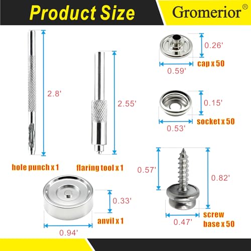Gromerior Snap Button Kit with Screw Studs, 50 Sets Snaps & 3 Install Tools | 153 Pcs Marine Grade Snap Fastener Tool Kit, 15mm Stainless Steel Snaps for Boat Covers, Tarps, Fabric, DIY Repair & Projects