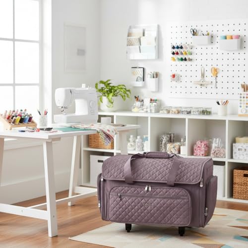 Everything Mary XXL Rolling Sewing Machine Case – Purple Quilted Craft Bag with 4 Wheels – Spacious Storage Organizer with Pockets for Sewing & Craft Supplies - color: Purple