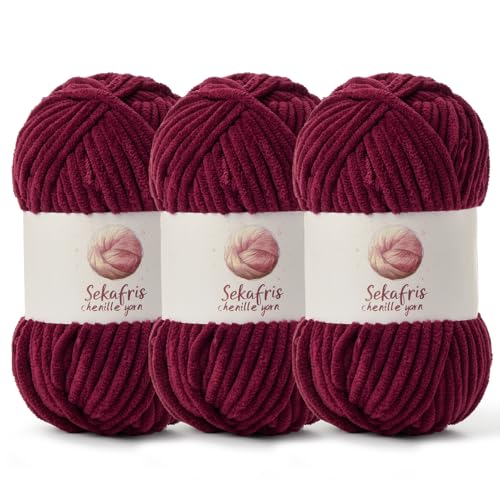 3 Pack Chunky Chenille Yarn for Crocheting, Baby Yarn for Crocheting Soft Blanket, 262.4 yds /10.5 oz Crochet Yarn, Bulky 5 Amigurumi Yarns, Fluffy Velvet Yarns for Knitting Crafts (3 Burgundy) - color: 3 Burgundy