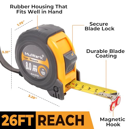 MulWark 25ft Metric Tape Measure, Measuring Tape Retractable, Easy Read Measurement Tape Both-Side Metal Blade, Magnetic Hook & Shockproof Case for Construction, Carpenter, Architect, Woodworking - color: Red, size: 7.9 m