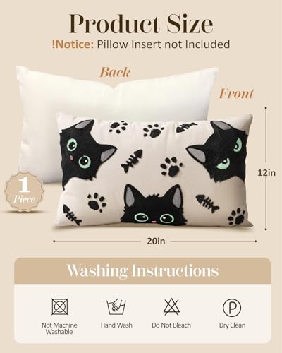 Embroidered Lumbar Pillow Cover 20x12 Inch, Cat Bone | Decorative Throw Pillow Cover, Whimsical Cushion Case with Hidden Zipper, Cottagecore Decor for Couch, Sofa, Living Room - color: Cat Bone, size: 20" x 12" (Pack of 1)