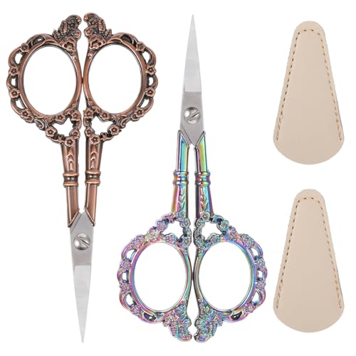 2PCS Vintage Yarn Scissors for Crocheting, Pointed Tip Crochet Scissor | Sewing Embroidery Scissors, Vintage Pointed Detail Shears, Embroidery Scissor with Cover, Tailor Threading Shears for Crochet