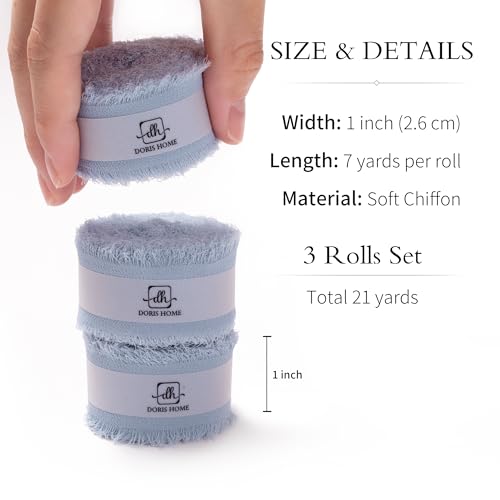 DORIS HOME Handmade Frayed Fringe Chiffon Ribbon 1" x 21Yd Dusty Blue | Fabric Ribbon, For Flower Bouquet/Gift Wrapping/Wedding Invitations/Christmas Decorations/Party Decor - color: Dusty Blue