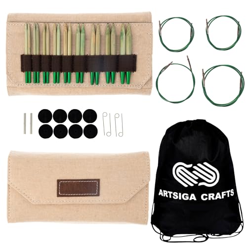 Lykke Grove 3.5-inch Interchangeable Circular Knitting Needle Set | Standard US 3, 4, 5, 6, 7, 8, 9, 10, 10.5 Beige Case, Bamboo Semi-Sharp Points, Smooth Joins, Swivel Cables, Project Bag - color: Grove-with-Beige-Case
