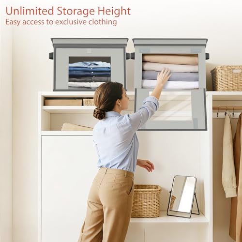 Univivi Front Opening Storage Bins with Lids for Home, Gray, 4 Pack | Foldable Fabric Storage Boxes, Large Closet Organizers and Storage with Clear Window & Handles for Clothing Storage - color: Light Grey, size: 16.5''-4 Pack