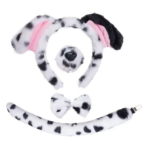 Jmkcoz 4 Pcs Dalmatian Dog Costume Set Puppy Dog Ears Headband and Tail Nose Bow Tie for 100 Days of School Halloween Cosplay - color: White & Black
