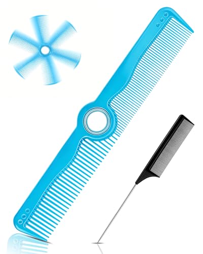 Rotatable Hair Comb, 8" Fine & Wide Tooth Comb with Bonus 9" Rat Tail Comb | Professional Hair Comb for Men Women, Carbon Fiber + ABS, Rounded Teeth, Heat Resistant for Hair Stylists, Barbers - color: Blue