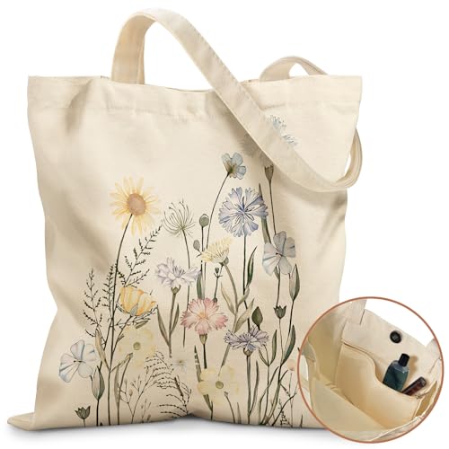Miss Adola Aesthetic Tote Bag for Girls - with Magnetic Buckle and Zipper Inner Pocket for Women Lady Canvas Cotton Tote Bag - color: Colorful Flower