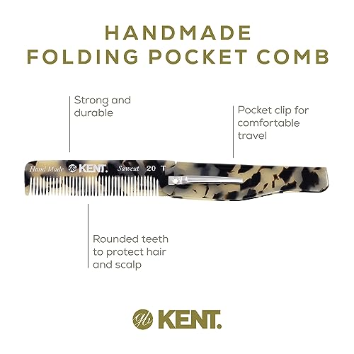 Kent 20T TW Handmade Folding Pocket Comb for Men, Fine Tooth Hair Comb Straightener for Everyday Grooming Styling Hair, Beard or Mustache, Use Dry or with Balms, Saw Cut Hand Polished, Made in England - color: White Tokyo, size: 1 Pack