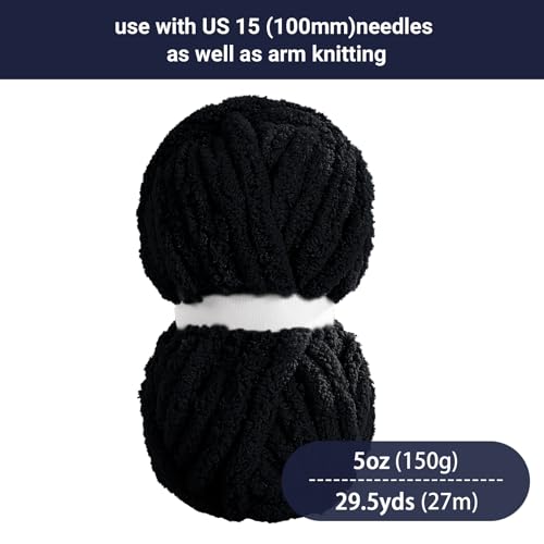 HOMBYS Black Chunky Chenille Yarn for Hand Knitting,Fluffy Soft Jumbo Yarn Crocheting,Super Bulky Big Yarn for Chunky Blanket,Large Thick Arm Knitting Yarn,8 Pack Plush Yarn - color: Black