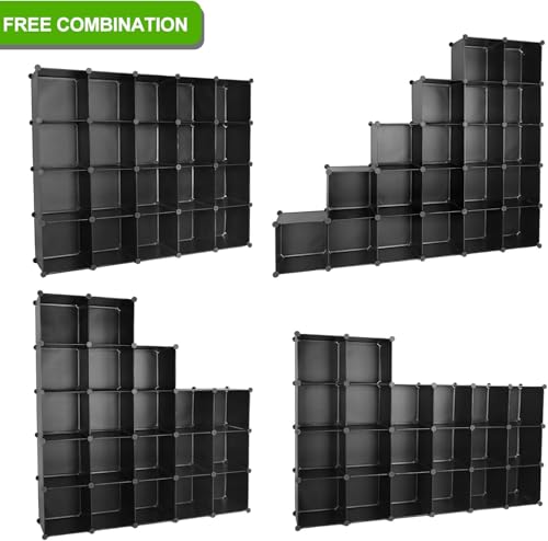 Cube Storage Organizer, DIY Plastic Closet Cabinet Modular Bookcase, Storage Shelves for Bedroom Living Room, Office（20-Cube，Plastic） - color: Black, size: 20 Cubes