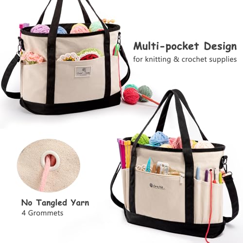 Canvas Yarn Storage Organizer Bag Washable Crochet Bag with Pockets for Yarn, Hooks, Needles – Travel Knitting Tote for Crafters – Gift for Crocheters & Knitters (Medium/Large) - color: Nature-Black, size: Large-15”