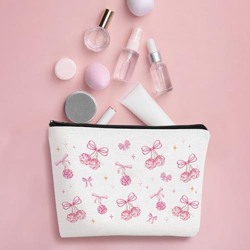 Coquete Makeup Bag Pink Bow Disco Makeup Bsg for Teen Girls Preppy Cosmetic Bags Gift Trendy Cute Aesthetic Stuff Travel Toiletry Bag for Women Birthday Chrismas - style: Pink Bow Disco