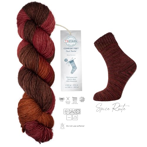 Troyarn Comfort Feet (2- Skeins Pack) Hand Painted Yarn 75% Superwash Merino Wool and 25% Polyamide (Fine/Sport 2 Weight) / (2 x 3.52 Oz - 2 x 100 gr) / (2x360 Yard-2x330 mt)(11268 - Spice Route) - color: 11268, size: 2 Skein