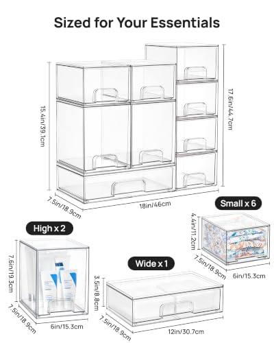 Vtopmart Clear Stackable Storage Drawers Set of 9, Plastic Organizer Bins | Multi-purpose Boxes for Baby Bottle Storage, Ideal for Kichen, Vanity, Bathroom, Undersink, Cabinet, Pantry Organization - style: 6 Small+2 High+1 Wide