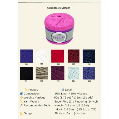 Lino Yarn - 50% Linen 50% Viscose Blend, 50g (1, 953) | Super Fine (1), 191 yds. Breathable natural fibers perfect for elegant summer knitting and crochet garments - color: 953