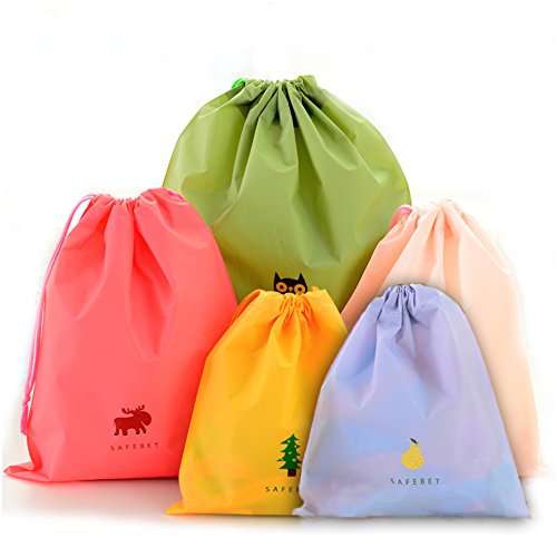 BINGONE Set of 5 Waterproof Drawstring Bag PE Plastic Folding Sport Home Travel Storage Use combine C