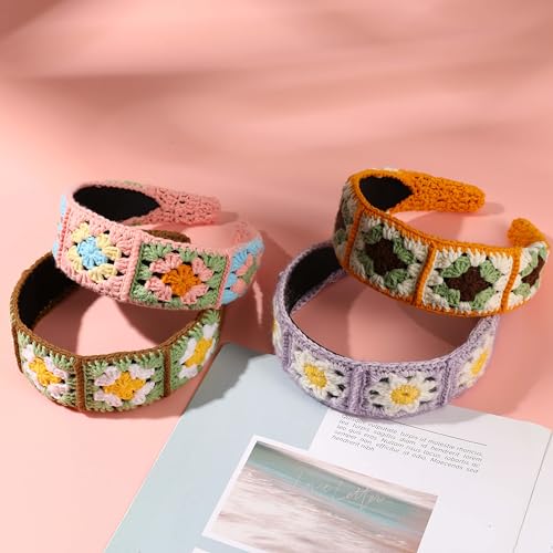 Crochet Headband for Women, Handmade Sunflower & Checkered Hair Accessories, Stretchable Boho Hair Band (Pink, Checkered) - color: Pink