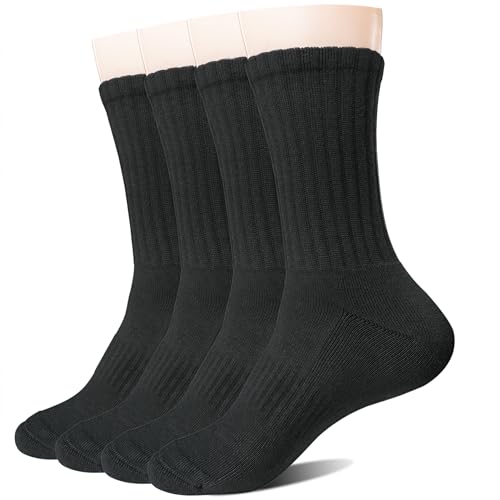 Men's Cushioned Cotton Crew Socks for Work Sport Casual | 90% Cotton, Seamless, Arch Support, Padded, Rib Cuff, Athletic - color: Black