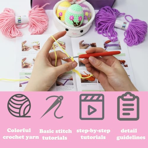 Yarniss Crochet Kit for Beginner, Easter Crochet Starter Kit for Eggs & Basket with Video Tutorials,Learn to Crochet Set - color: Easter Egg