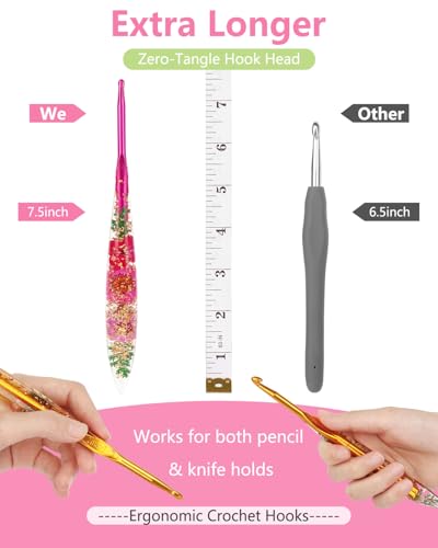 Katech 5.0mm Crochet Hook for Arthritic Hands, Long Aluminum Inline Hooks | Ergonomic Crochet Hooks with Dried Floral Grip-Elegant & Unique, Smooth Crochet Needle-Crochet Gift for Beginner&Crocheter - size: 5.0mm