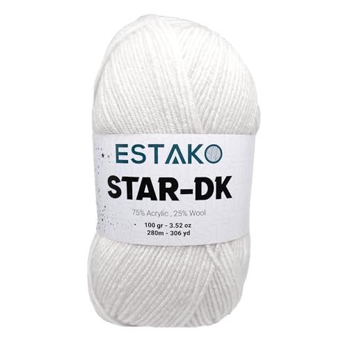 Estako Star-DK Soft Yarn for Crocheting, DK Weight 3 Wool, White | 75% acrylic 25% wool, 100 g, 306 yds, amigurumi, granny squares, socks, beanies, mittens, plush toys, machine washable - color: 30187 - White, size: Pack of One