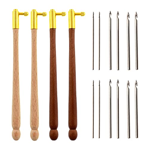 TXIN 4 Pieces Tambour Hooks with 12 Needles, Wooden Handle Embroidery Crochet Hooks, French Beading Needle Tools for Sewing Embroidery Sequins and Beads (0.7mm 1.0mm 1.2mm)