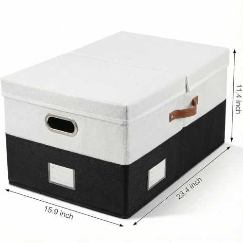 PRANDOM Storage Bins with Lids [3-Pack] Linen Fabric Foldable Storage Boxes Organizer Containers Baskets Cube with Cover for Bedroom Closet Office Grey&Black (23.4X15.9X11.4) - color: Black & White, size: XL(3-Pack)