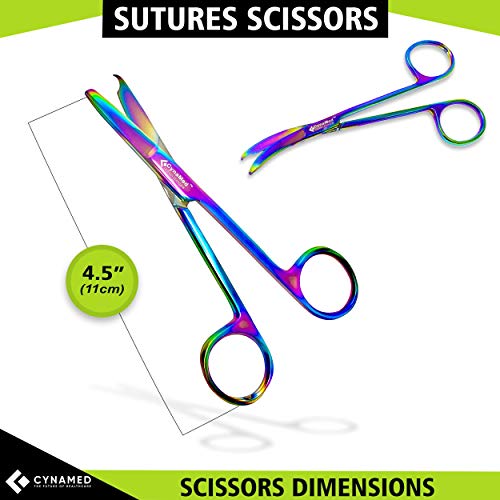 Cynamed Suture Stitch Scissors with Multicolor/Rainbow Titanium Coating - Premium Quality Instrument- Delicate Hook - Perfect for Suture Removal, First Aid, EMS Training and More (4.5 in. - Straight) - style: Straight Hook