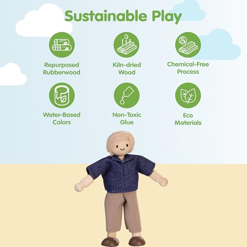 PlanToys® Mother Dollhouse Figurine Wooden Poseable 1:12 Scale 5-Inch Doll | mom character, doll house people accessories, bendable arms, girls pretend play, montessori storytelling role gift ages 3+ - color: Caucasian Dad
