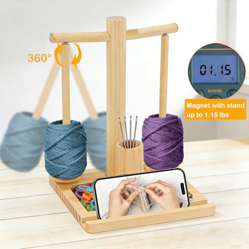 DOUBFIVSY Wooden Yarn Holder for Crocheting and Knitting, Magnetic Rotating Yarn Spinner with 2 Spindles, Phone Holder, Needle Storage, Crochet Gift for Knitting Lovers, Women Grandma Mother (Natural) - color: Natural