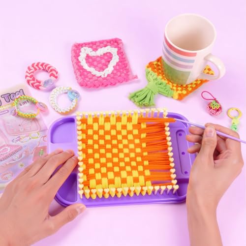 Souroyea 6-in-1 Friendship Bracelet Making Kit for Girls,Weaving Loom Kit Toys, Craft Kits for Kids,Age 6-12 Year Old Girls Gifts Ideas, Bracelet & Coaster & Bag Weaving Making kit-Pink - color: Pink